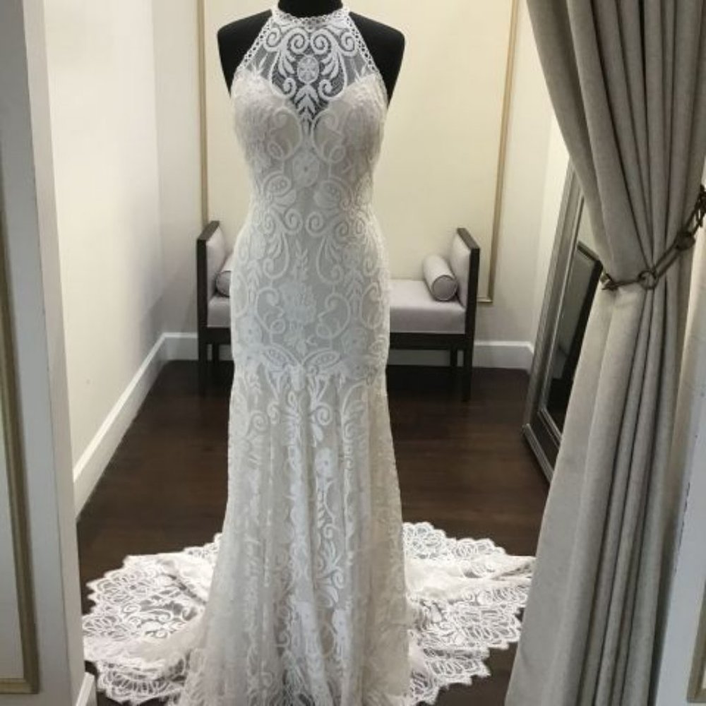Allure Bridals Lace Gown. Boho Style. High neck. Open back